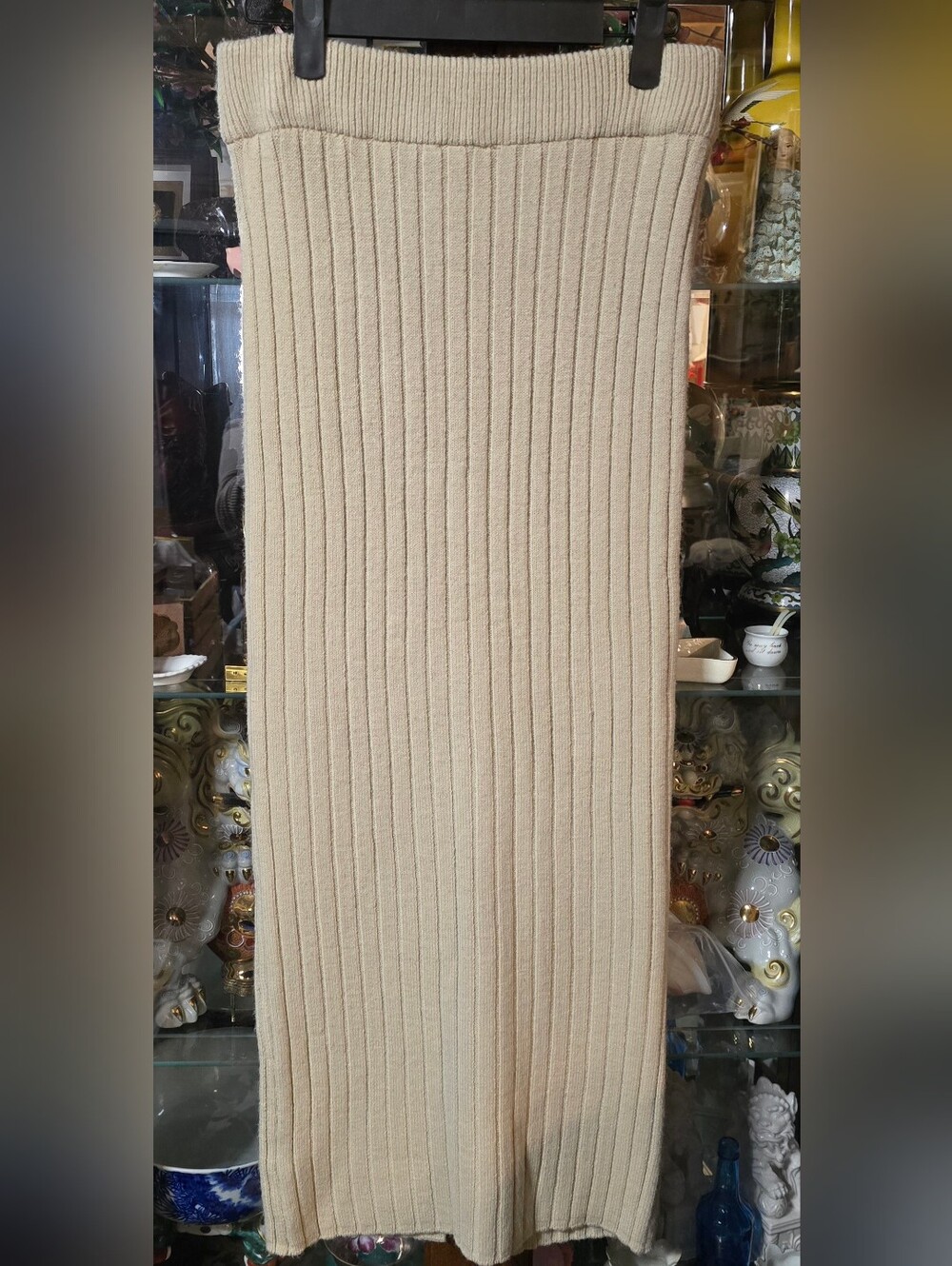 Topshop Beige Wide Ribbed Knit Midi Skirt Hem Slit Quiet Luxury